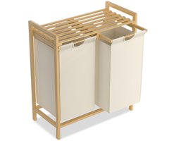 NAIZY Wasmand 2 compartimenten 36L wasbak wassorteerder met bamboe bovenplank en handgrepen wasbox waszak gemaakt van Oxford stof voor wasruimte badkamer, beige