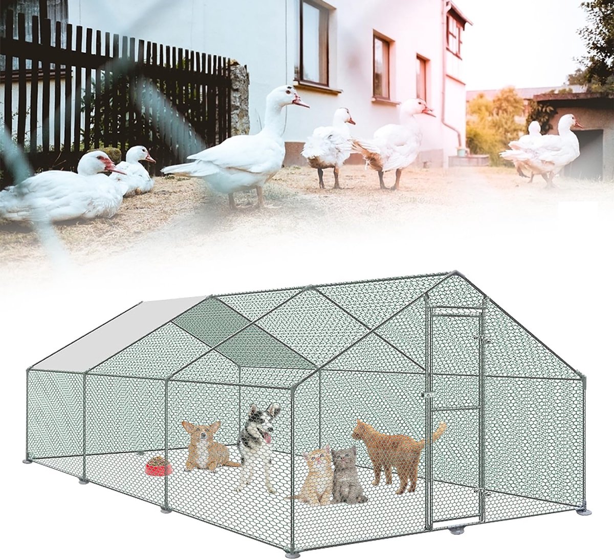 NAIZY Vrije uitloopren 3x6x2m volière kippenhok metaal 6m² pluimveekooien met zonwerend dak, kippenhek, deur & klink buitenren kippenhokken stabiele pluimveestallen voor kleine dieren & planten