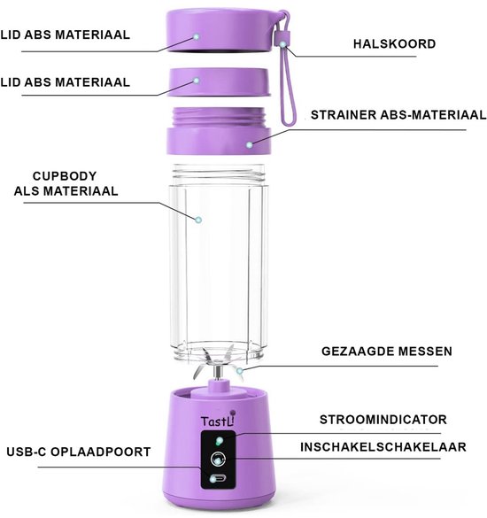 SEVENMOON® Mini Blender To Go - Draadloze Smoothie Maker, USB Oplaadbaar, Compact 380ml - Paars van SEVENMOON® — afbeelding 5