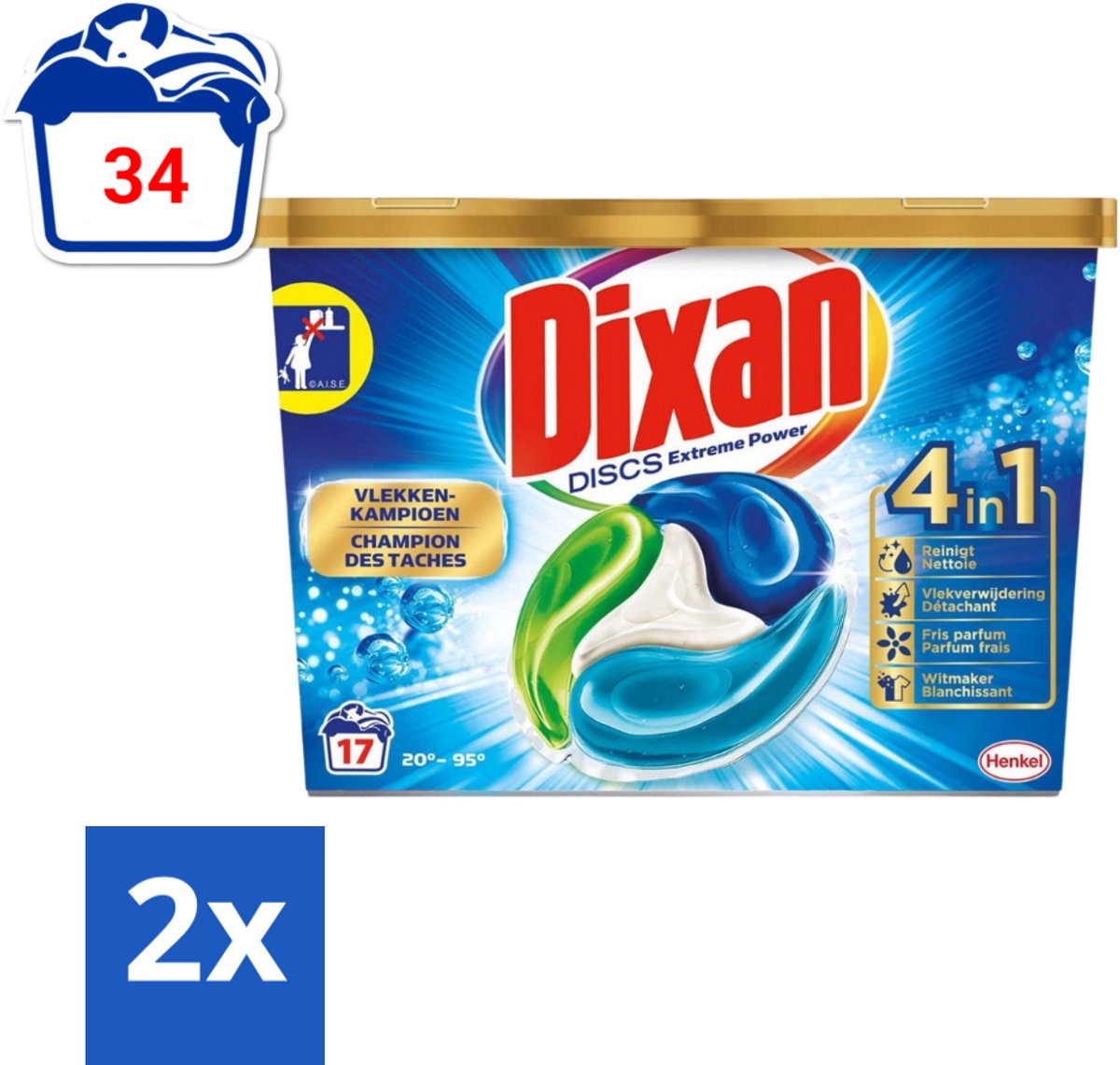 Dixan Discs - Wasmiddelcapsules en Vlekverwijderaar - Extreme Power - Witte, Gekleurde & Zwarte Was - 17 Wasbeurten - Voordeelverpakking - 2 stuks