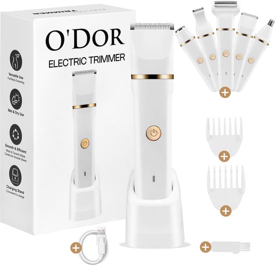 O’dor 5-in Trimmer en Ladyshave – Scheerapparaat Vrouw voor Lichaam en Bikini - IPX7 Waterdicht - Neushaartrimmer - USB Oplaadstation - Wit