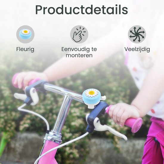 Kind op fiets met lichtblauwe fietsbel met margriet, 'Fleuring', 'Eenvoudig te monteren'