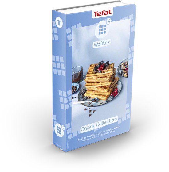 Een blauwe Tefal 'Snack Collection' doos met een afbeelding van gestapelde wafels erop.