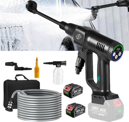 Draadloze hogedrukreiniger, 65 bar, hogedrukreiniger op accu, oplaadbaar, 30.000 mAh, 6-in-1 hogedruksproeipistool, 5 m slang, voor het wassen van auto, tuin