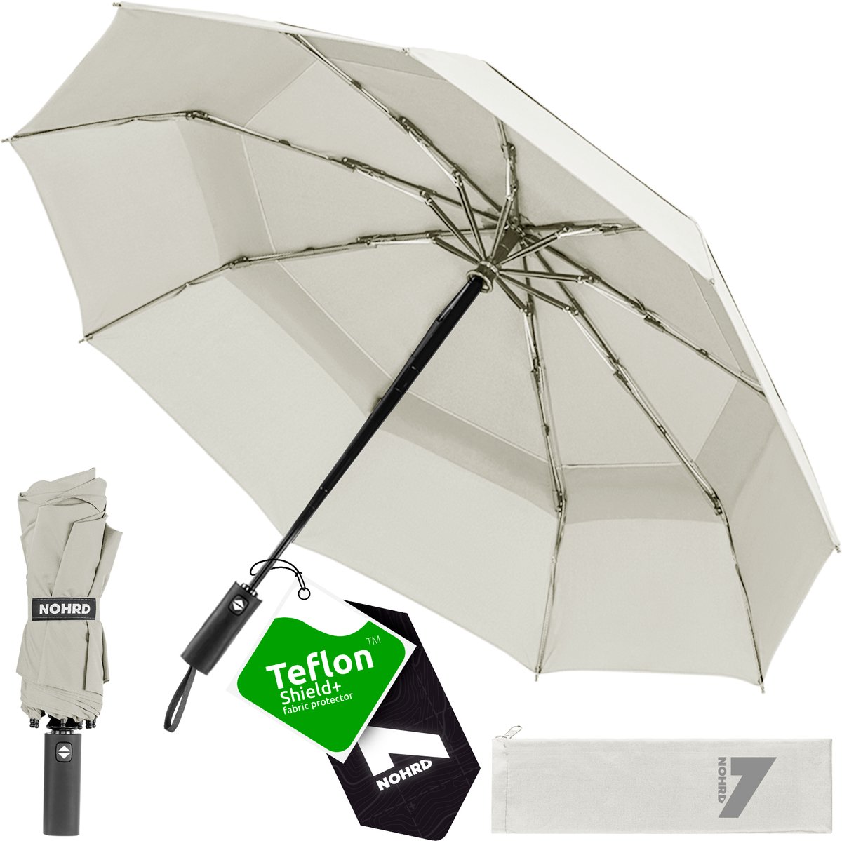 Nohrd Stormparaplu - Gebroken wit - Paraplu Opvouwbaar - Wind Doorlaatbaar - 140 km/h - Stormparaplu's - Automatisch In- en Uitklapbaar - Paraplu's - Incl. Beschermhoes