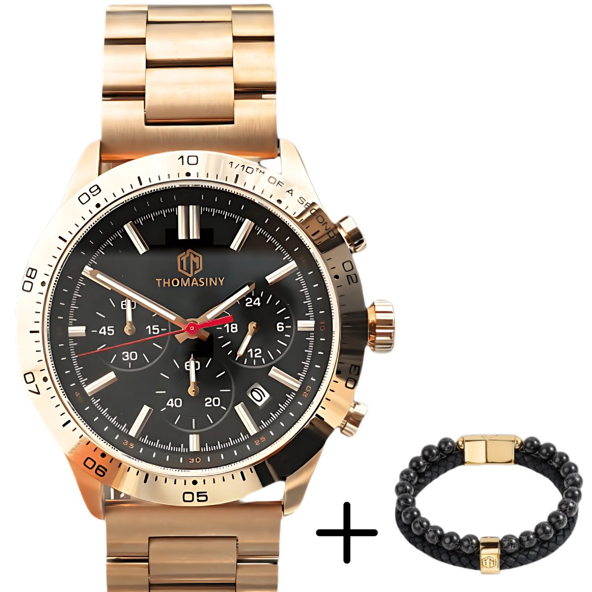 THOMASINY CHRONOGRAAF® MIDNIGHTROSEGOLD Horloge - Heren - Roségoud-Zwart Met Roségouden Accenten - Roségoudkleurige Stalen Band