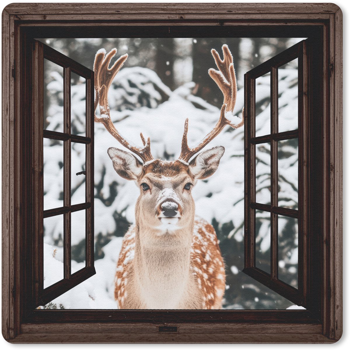 Muismat 30x30 cm - Mousepad Hert - Sneeuw - Winter - Bos - Dieren - Doorkijk - Muismatten