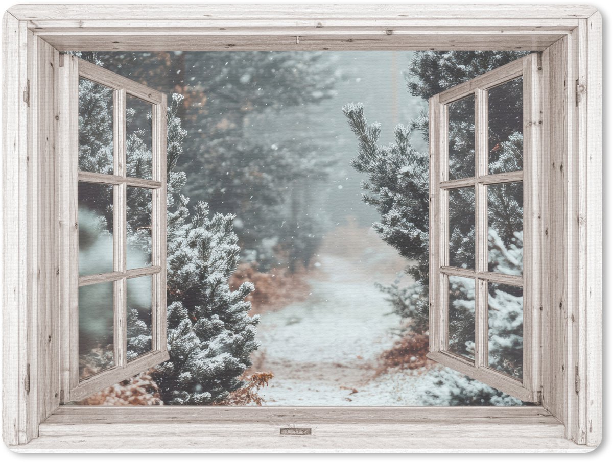 Muismat 23x19 cm - Mousepad Bos - Winter - Bomen - Natuur - Pad - Doorkijk - Wit - Muismatten