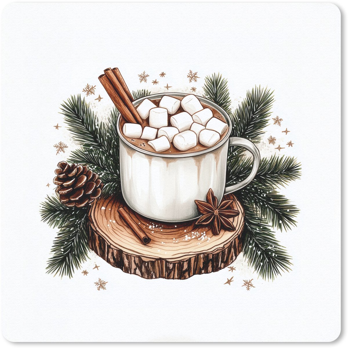Muismat 30x30 cm - Mousepad Winter - Hout - Chocolademelk - Drink - Kerst - Muismatten