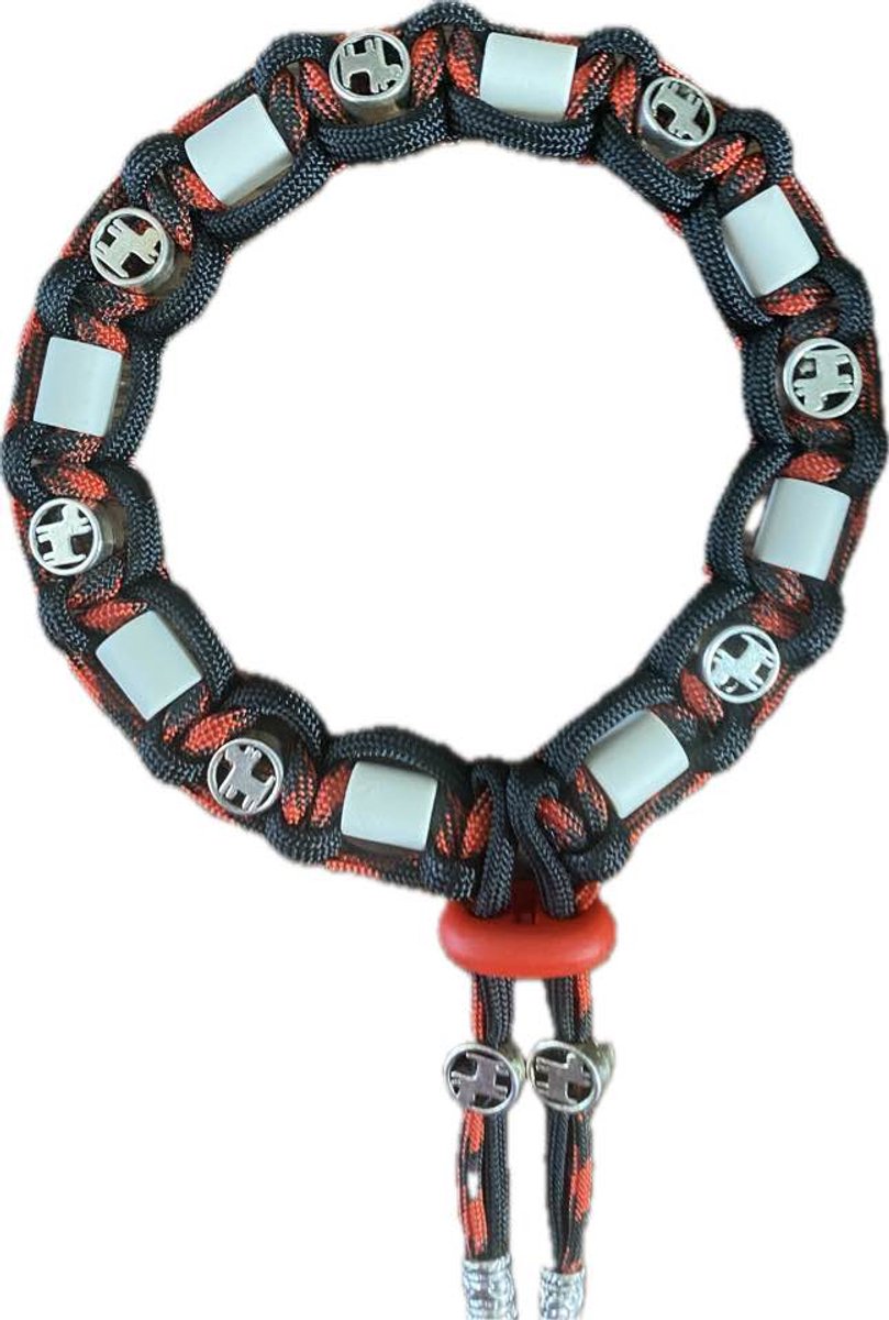 Anti-tekenband hond - Dogs - lengte 30 cm - nekomvang vanaf 29 tot en met 34 cm - werkt ook tegen vlooien - originele EM-X kralen lichtgrijs - maat M - rood/zwart - met metalen bedels met hondjes