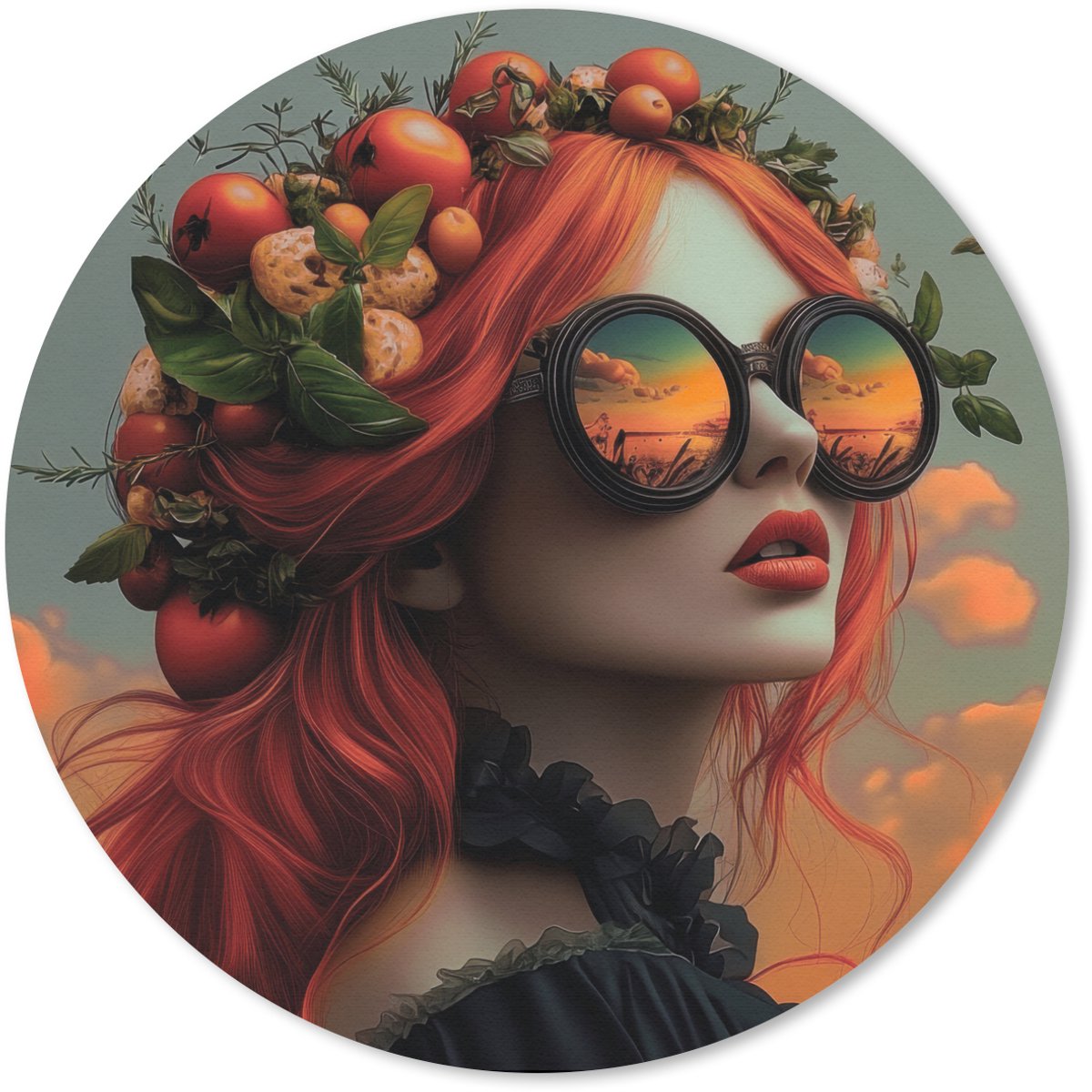 Muismat rond 50x50 cm - Mousepad Vrouw - Kroon - Tomaat - Bascilicum - Zonnebril - Ronde muismatten
