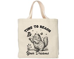 Creasowl® - Time to reach your dreams - Boodschappentas 38 x48 cm - Polylinnen- Kat tas - Shopper - Canvas tas - Boodschappen tas - Totebag - Schoudertas - Draagtas - Katten mama