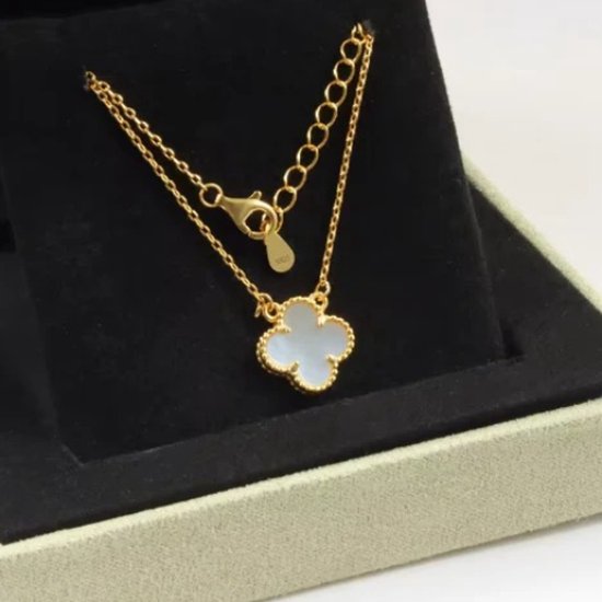 Gouden ketting met een wit klavertje, gepresenteerd in een juwelendoosje.