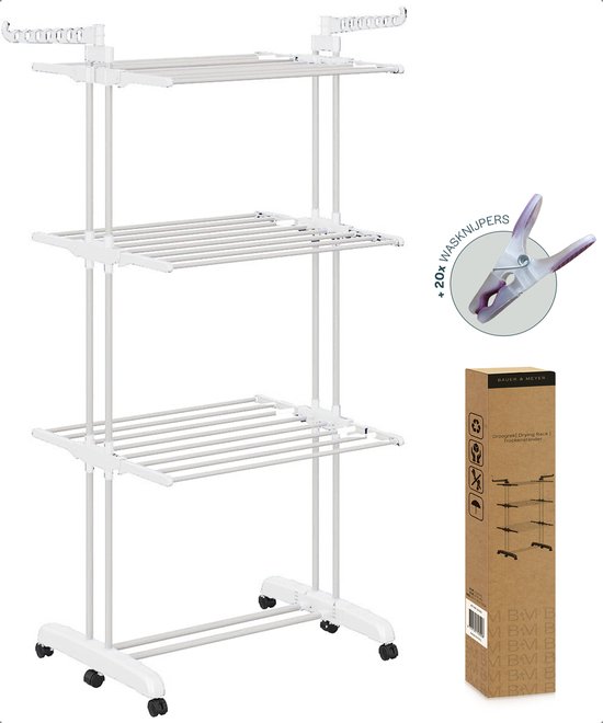 BAUER & MEYER® Droogrek - Wasrek - Droogtoren - Wastoren - Incl. 20 Wasknijpers - Inklapbaar - 75 x 63 x 173 cm (Wit