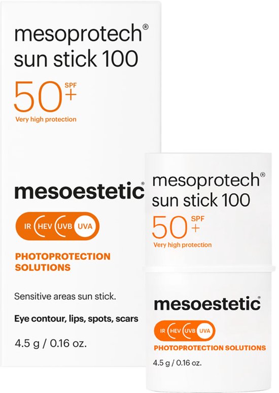 Mesoprotech Sun Stick 100 SPF 50 met zeer hoge bescherming. Beschermt gevoelige zones zoals oogcontour, lippen, plekjes en littekens.