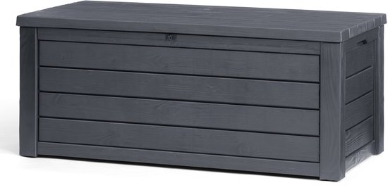 Antracietkleurige opbergbox met horizontale lamellen en een deksel, Keter.