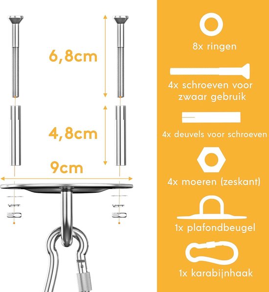 Afbeelding van de onderdelen van de plafondhaak, inclusief ringen, schroeven, pluggen, moeren, plafondbeugel en karabijnhaak, met afmetingen.