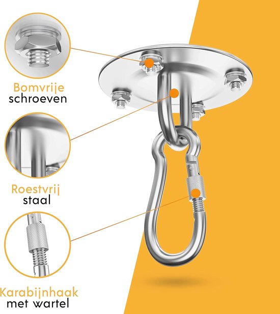 Detailweergave van de zilverkleurige plafondhaak, met inzetstukken die bomvrije schroeven, roestvrij staal en karabijnhaak met wartel tonen.