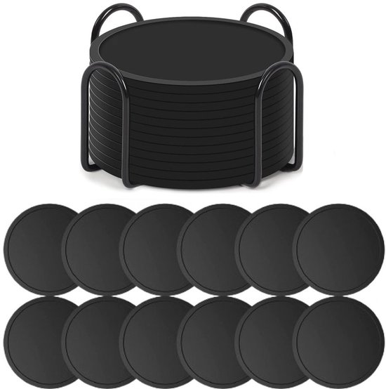 Foto: Siliconen onderzetters met houder set van 12 onderzetters voor glazen onderzettersset ronde onderleggers design coasters anti slip hittebestendig zwart cadeau