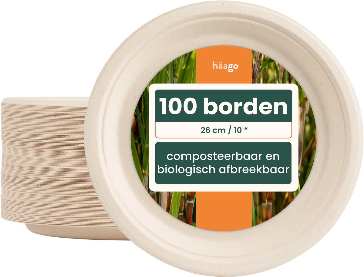 Haago – 100 Bagasse Borden, 26cm – Stevig, Stijf & Lekvrij – Biologisch Afbreekbaar & Thuis Composteerbaar – Wegwerp