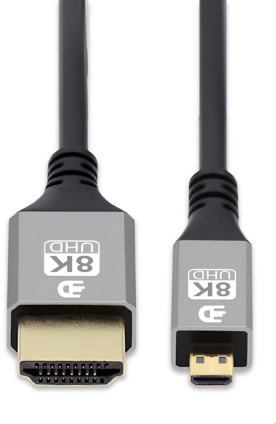 Drivv. Premium Micro HDMI naar HDMI Kabel 2.1 - 8K 60Hz / 4K 120Hz Ultra HD - Geschikt voor Camera, GoPro, Computers - 1 meter - Grijs
