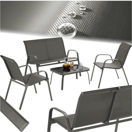 tectake® Tuinset Nora - Moderne Zitgroep voor 4 Personen - Loungeset met Tuinbank en 2 Tuinstoelen van Ademend, Waterafstotend Textileen-Weefsel - Balkonset Met Bijzettafel - Luxe Tuinmeubelset - Antraciet