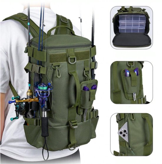 S&E Waterdichte Outdoor Visrugzak met Meerdere Vakken – Rugtas voor Vissen, Hiken, Camping & Avontuur