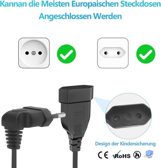2 m stroomkabel verlengkabel, Ancable verlengkabel, plat, VDE-gecertificeerd, eurostekker type C naar Euro aansluiting, verlengkabel voor tv, monitor, huishoudelijke apparaten, wit