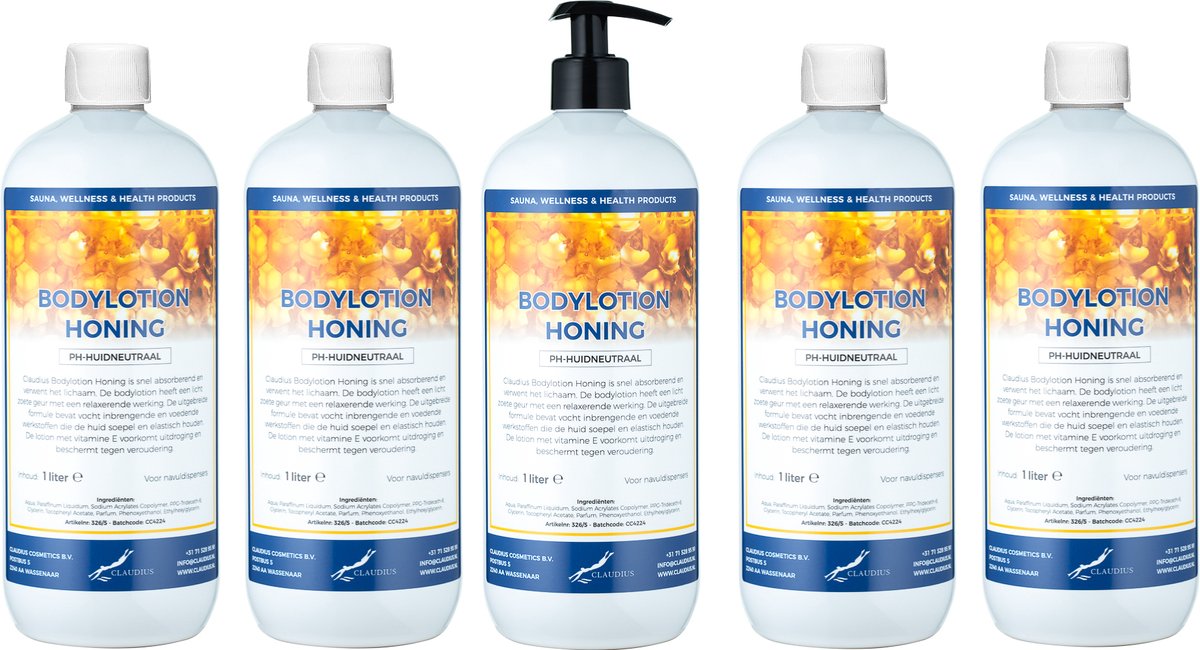 Bodylotion Honing 1 Liter - met gratis pomp - set van 5 stuks - Voordeelverpakking