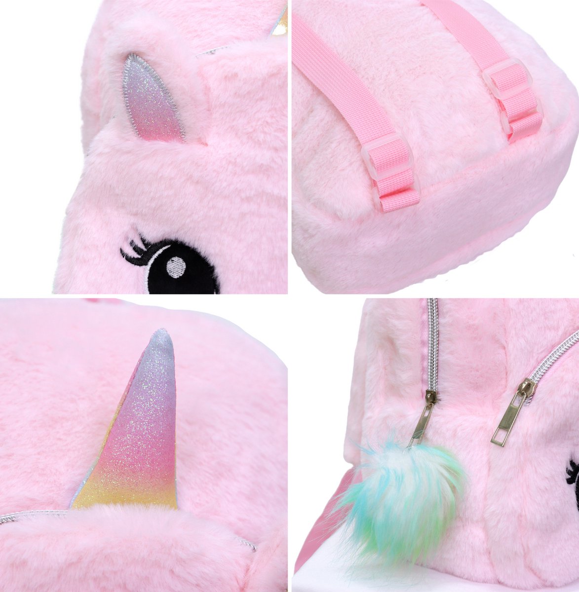 Joya Kids® Unicorn Rugzak Lichtroze | Fluffy Kinderrugzak | Eenhoorn Backpack | Grote Ogen | Regenboog Eenhoorn – foto 6