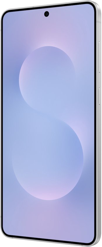 Grijze smartphone met een lichtpaars S-motief op het scherm.