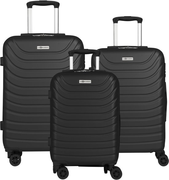 Valise Leonardo 3 pièces - Valise Bagage à main - Valise trolley avec cadenas - Valise à Roues - Zwart