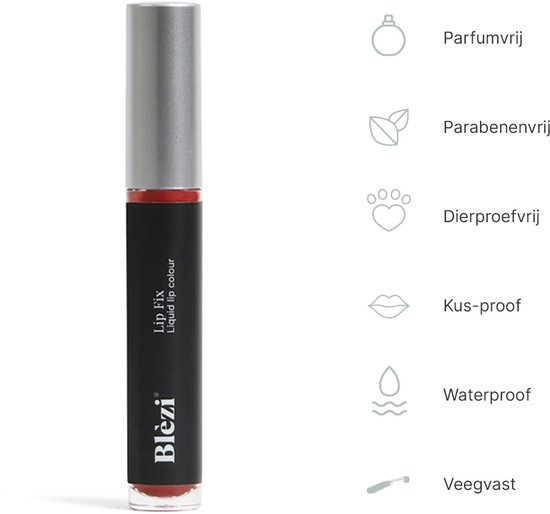 Blèzi Lip Fix vloeibare lippenstift in een zwarte huls met zilveren dop. Icons voor parfumvrij, parabenenvrij, dierproefvrij, kus-proof, waterproof en veegvast.