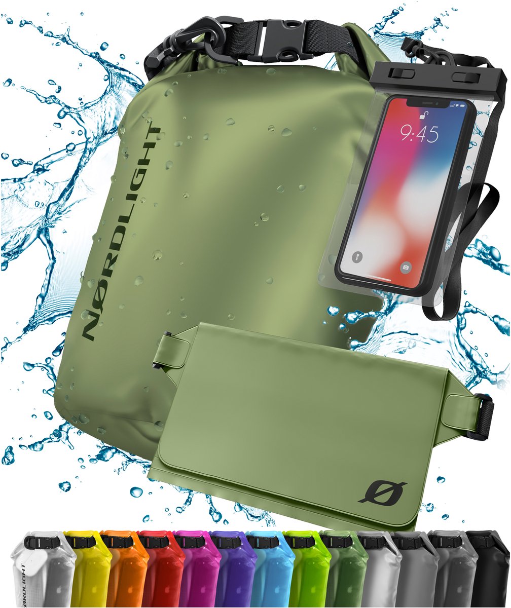 NORDLIGHT Waterdichte Dry Bag met telefoonzak en heuptas - (10L, Olijfgroen) Waterdichte Dry Bag met rolsluiting | Zwemmen, varen, strand, staand peddelen