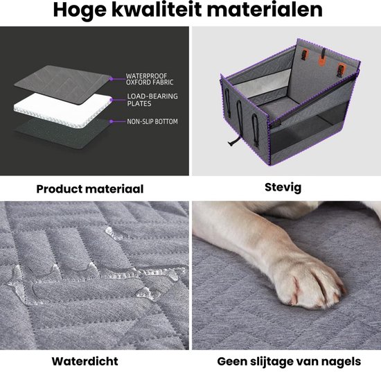 Grijze autostoel voor honden met waterdichte Oxford stof en anti-slip bodem. Hondenpoot op de stoel.