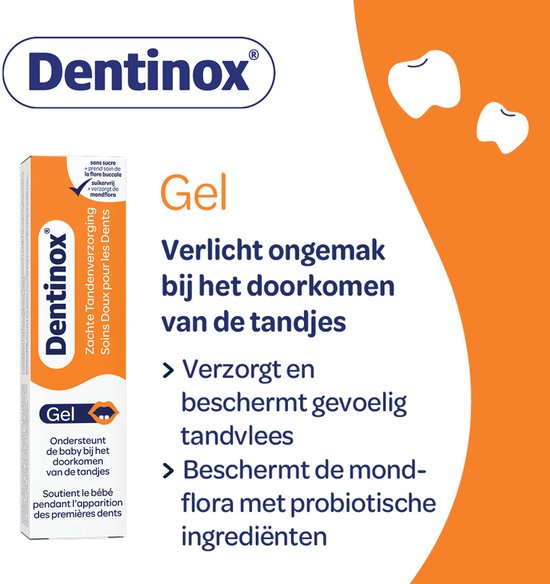 Dentinox Gel: Verlicht ongemak bij doorkomen van tandjes. Verzorgt en beschermt gevoelig tandvlees. Beschermt mondflora.