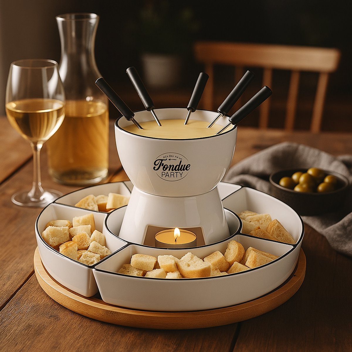 Fondue Set voor 4 Personen – Bamboe en Porselein – Inclusief Schalen en Vorkjes – 30 x 30 x 19 cm – foto 6