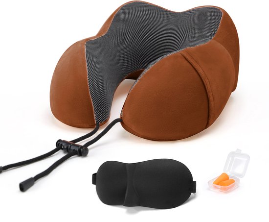 SKYCASES Travel Essentials - Nekkussen Set 3-delig - Ergonomisch Memory Foam Reiskussen met Oogmasker en Oordoppen - Ideaal voor Vliegtuig, Auto en Trein - Compact en Luxe - Bruin