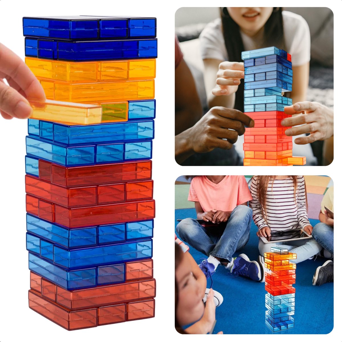 Cheqo® Transparante Jenga Spel - Vallende Toren - Jenga Stapeltoren - Educatief Bouwspel - Kunststof - Inclusief EBOOK