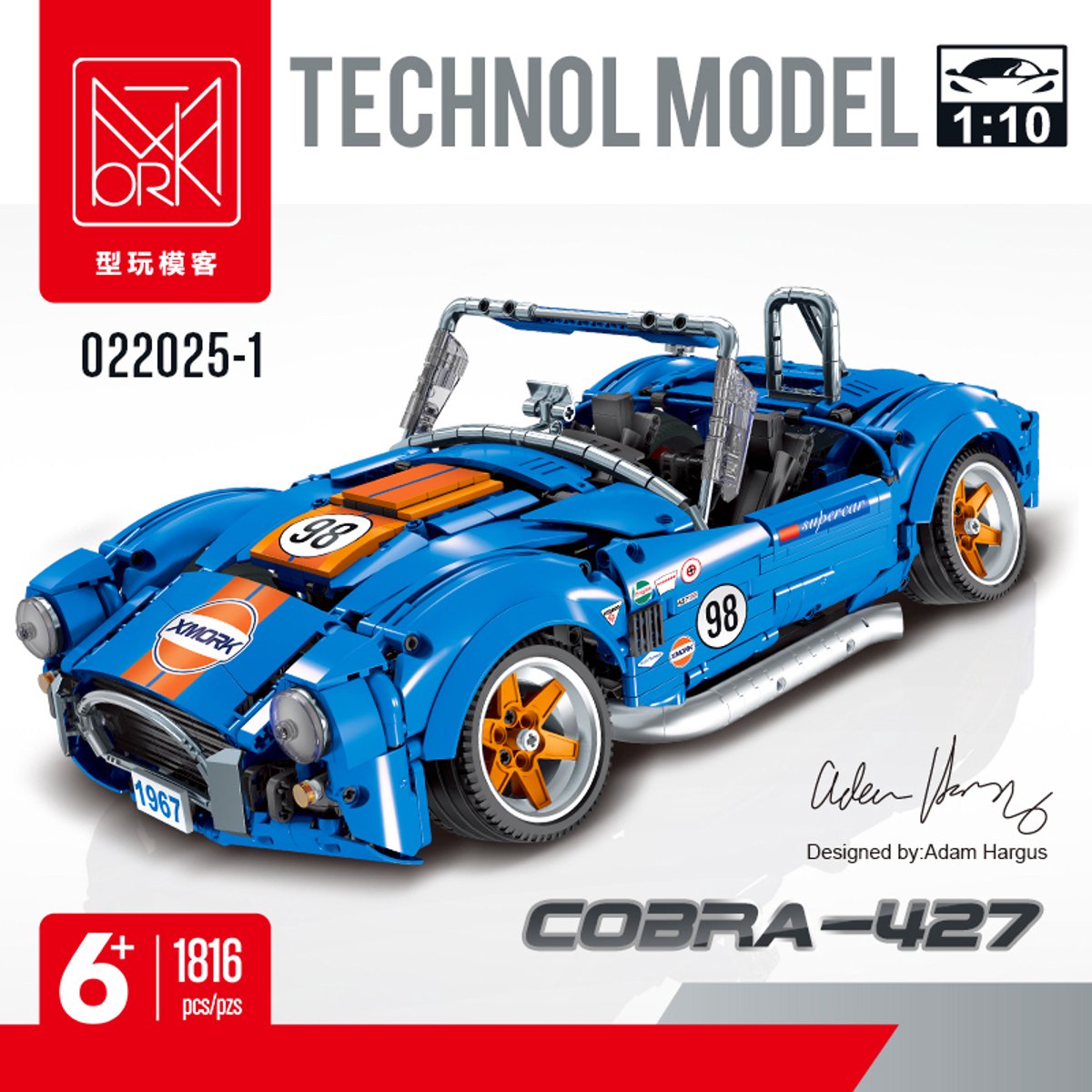 Beberlu Technik 022025-1 auto sportwagen, 1816 stuks Retro Shelby Cobra 427, modulaire MOC met universele afstandsbediening