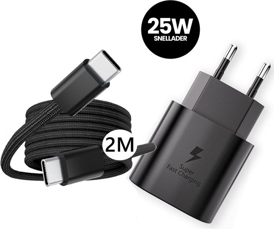 DISEV® - 25W Super Snellader - Snellader - Power adapter - 2m USB-C kabel - geschikt voor: Samsung S21,S22,S23,S24 S20, S10, Ultra, Plus, A53, A54, A55, A14, A73, A72 - Geschikt voor Iphone 15