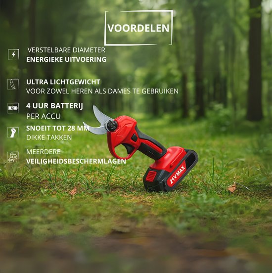 BronStore® Elektrische Snoeischaar - Accu Heggenschaar - Takkenschaar Electrisch - 28mm Snijdiameter - Inclusief Opbergkoffer & 2 Accu's van BronStore® — afbeelding 3