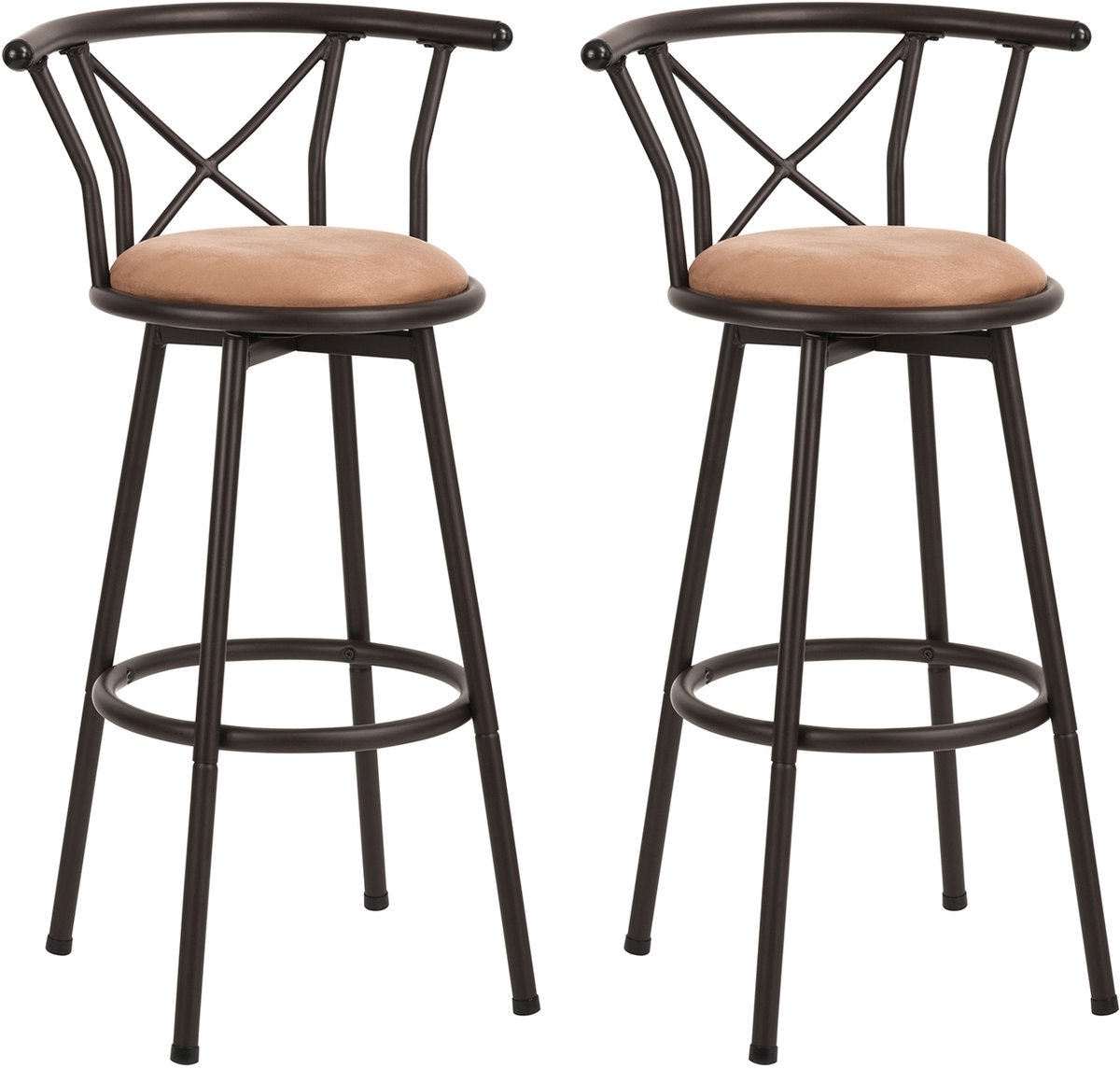 MEUBLES COSY Barkruk- Set van 2- 360° Draaibare Barkrukken- Vintage Bruin- met Rugleuning- met Voetsteun-Industrial-Hoogte 99.5cm- Barstoel met stabiel stalen frame