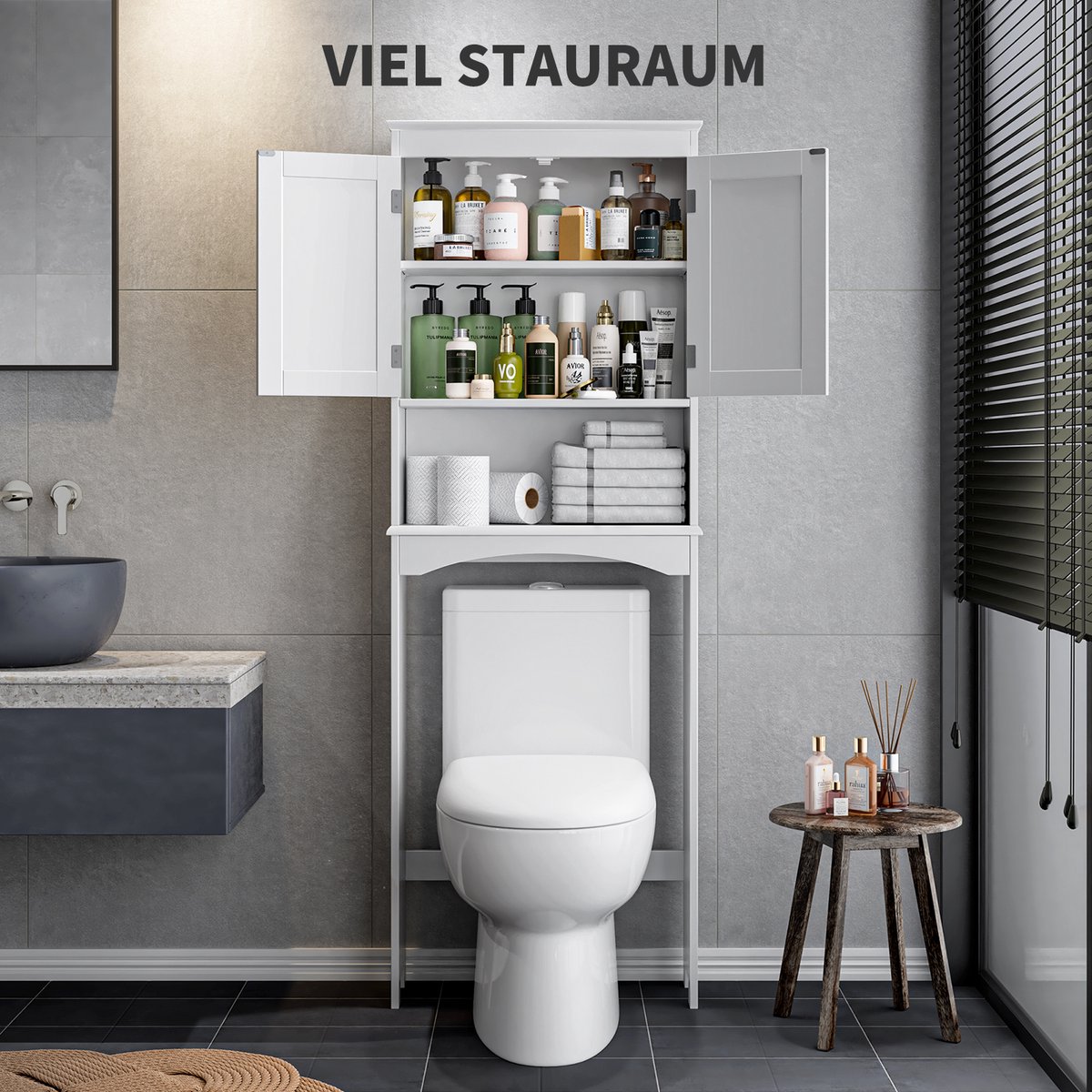 Bealife AP12 WC Kast Badkamer -Toiletrek Wit - Over-Het-Toilet Organizerrek - WC Kast Badkamer- Boven de Wasmachine Ruimtebespaarder - Badrek Hoge Kast - Badkamer Plank - Veel Opbergruimte - Hoogglans - 60 X 23 X 168 cm