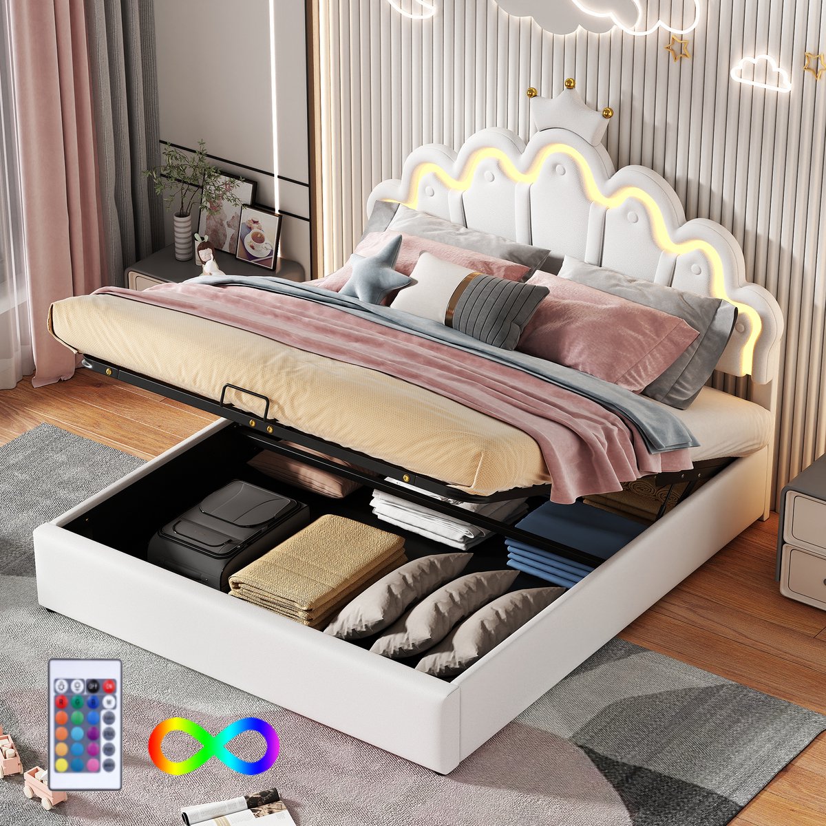 140 x 200cm plat bed - gestoffeerd bed - prinsessenbed - instelbare sfeerverlichting - kroonstrip - wit - zonder matras