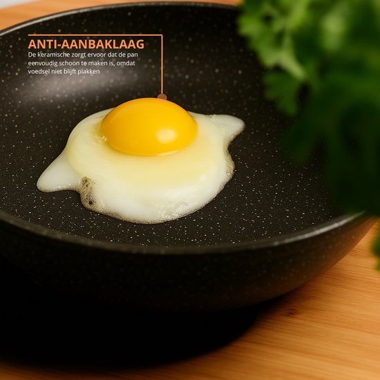 Gebakan ei in een zwarte koekenpan met granieten look, met tekst 'ANTI-AANBAKLAAG'.