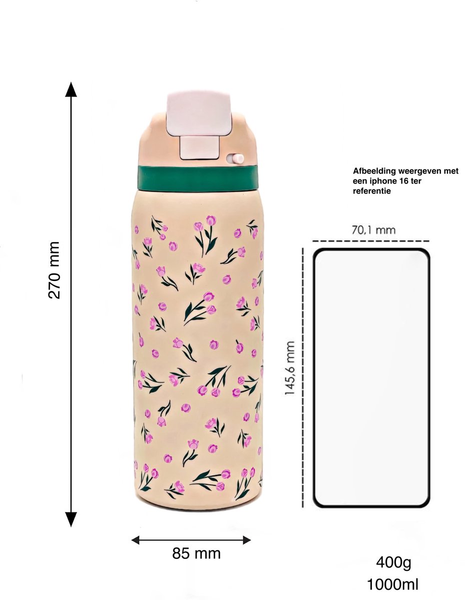LYKKE Freesip Thermos Beker 3 Laagse geïsoleerde RVS waterfles met rietje voor sport, reizen en school BPA-vrije Lek-vrije sportwaterfles, 34 oz, 1L, CLICK and LOCK Systeem thumbnail 3