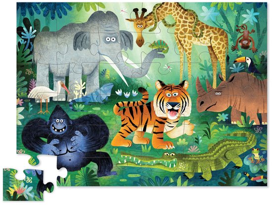 Puzzel met 36 stukjes van een jungle tafereel met een olifant, giraffe, tijger, krokodil en aapjes.