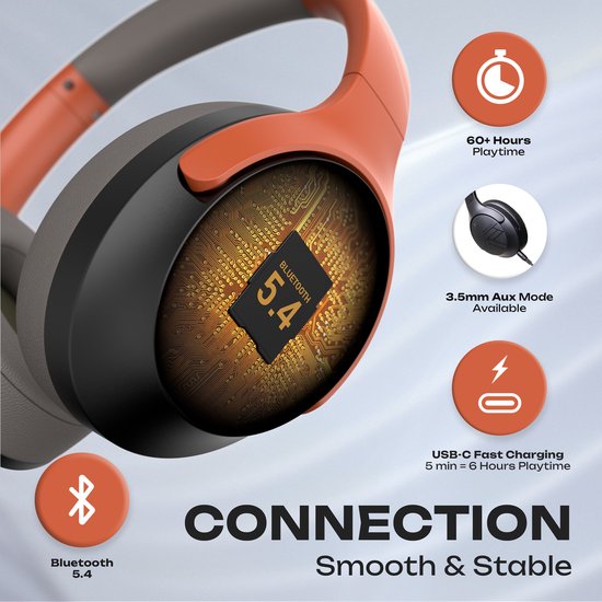Oranje en grijze koptelefoon met Bluetooth 5.4, en icoontjes voor batterijduur, Aux-modus en USB-C snelladen.