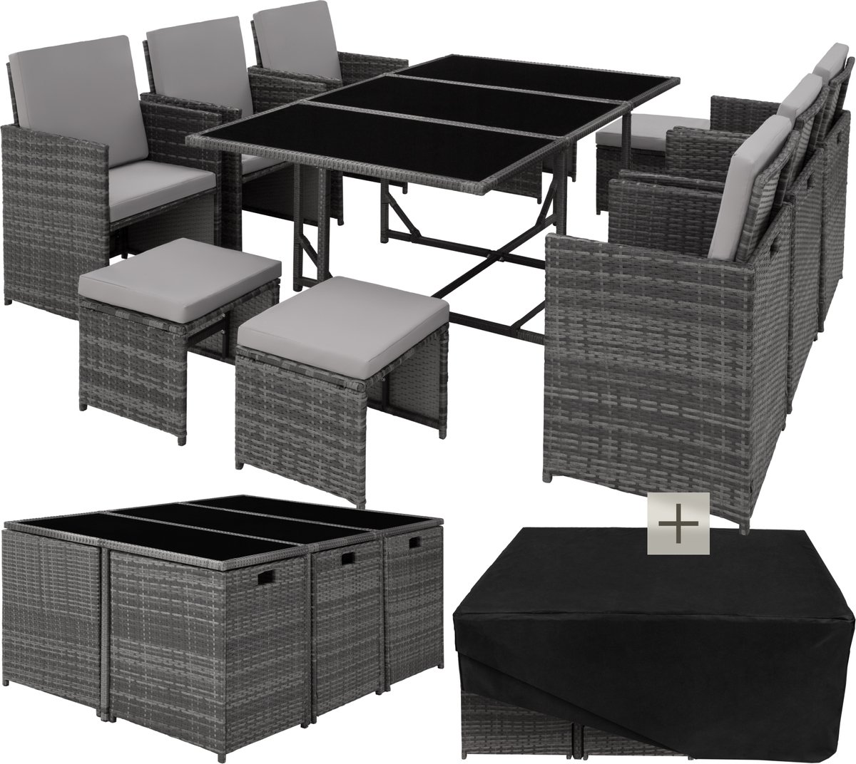 tectake® - Tuinset Malaga - Outdoor Balkon Tuinmeubelset - Loungeset met 6 stoelen, 4 krukken, 1 tafel en beschermhoes - Wicker vlechtwerk - Weerbestendig en Ruimtebesparend - Grijs